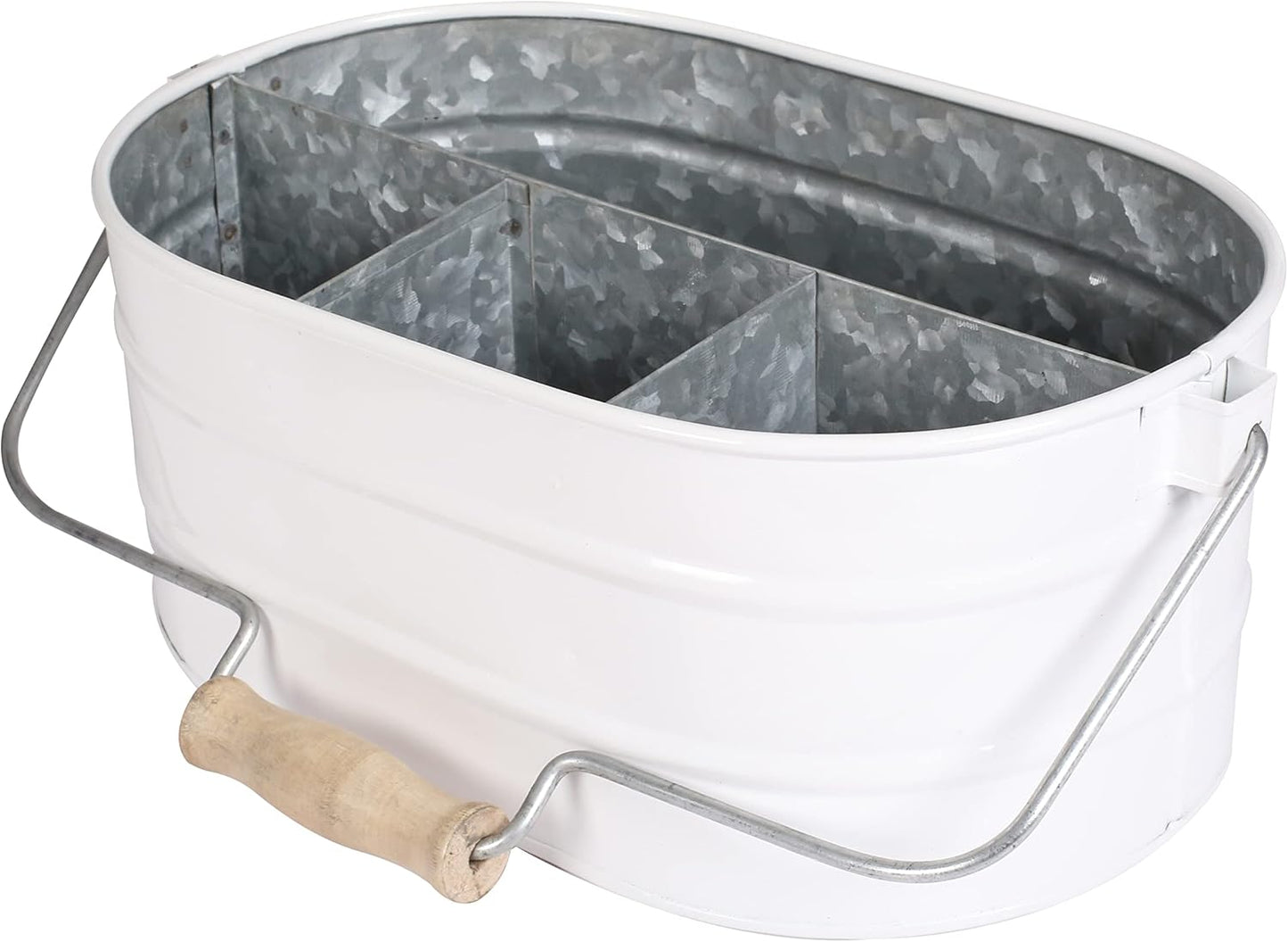 Galvanized Metal Caddy with 4 Compartments, Rustic Farmhouse Kitchen Picnic Utensil Holder, Multipurpose Storage Bin, Metal Garden Planters - 12 Inch - Antique Natural