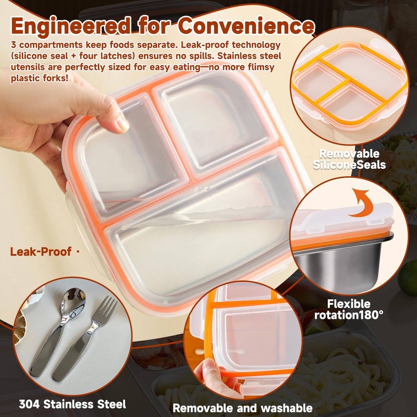 stainless steel lunch box for kids with lids & Spoon Fork & Insulated Bag, Leak-Proof 3 Compartment Food Containers, Food-Grade 304 Stainless Steel, Ideal for Home, Travel (Transparent black)
