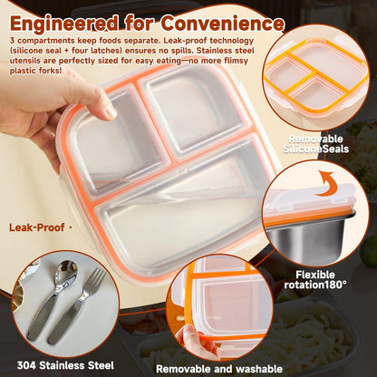 stainless steel lunch box for kids with lids & Spoon Fork & Insulated Bag, Leak-Proof 3 Compartment Food Containers, Food-Grade 304 Stainless Steel, Ideal for Home, Travel (Transparent black)