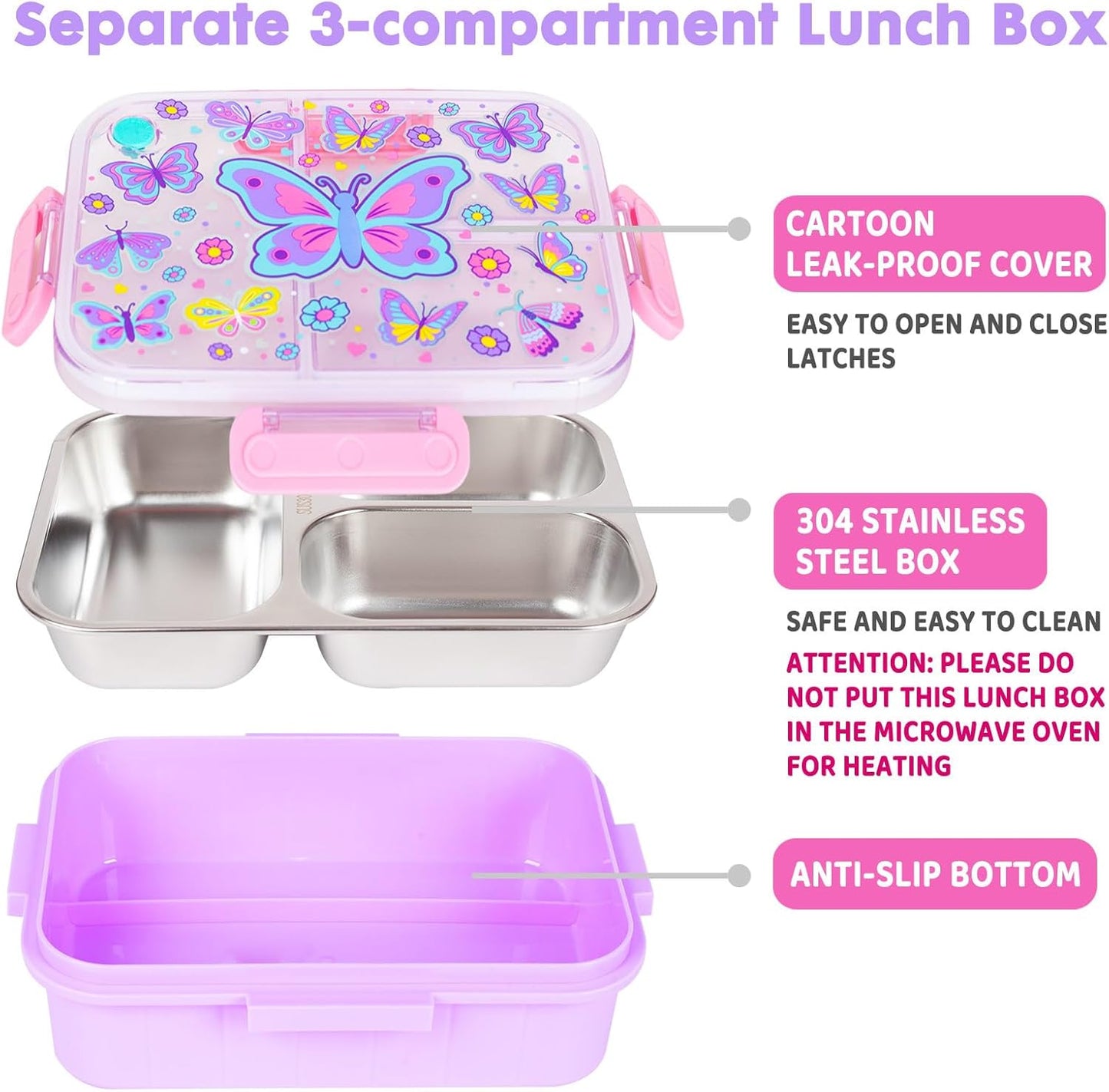 Stainless Steel Bento Lunch Box for Kids, 800ml/27oz BPA-Free Leak-Proof Food Containers with 3 Compartments, Freezer & Dishwasher Safe, Back to School Students Lunches Size for Ages 3-7