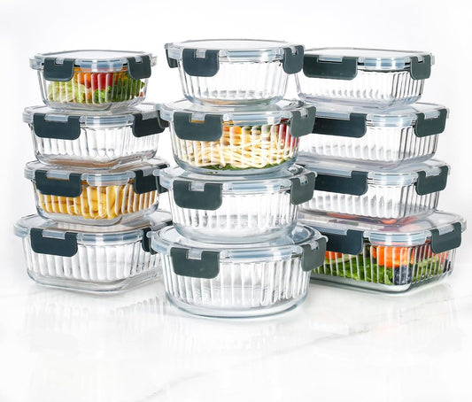 12-Piece Vertical Stripe Borosilicate Glass Food Storage Containers with Lids, Glass Meal Prep Containers, Leak-Proof Snap-Lock Sealed, BPA-Free, 10-35 oz Capacity (Large)
