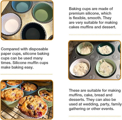 Extra Large Silicone Cupcake Muffin Cups 12 Pcs, 3.54 Inch Muffin Liners, Reusable Jumbo Silicone Baking Cups Easy to Clean, Great for Cupcake, Mousse(3 Green, White)