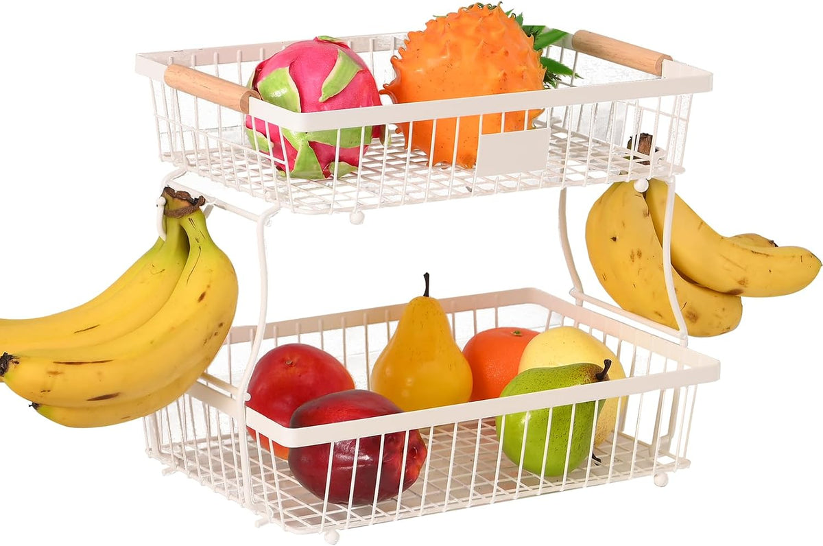 Fruit Basket Bowl 2 Tier Detachable with 2 Banana Hangers, Fruit Stand Holder for Kitchen Countertop, Metal Wire Vegetable Storage Organizer, for Bread Snack Veggies Produce, Black