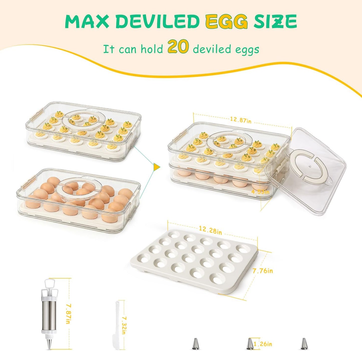2 Pack Deviled Egg Containers with Lid, Durable Deviled Egg Platter, Fridge Portable Egg Tray with Lids for Party, Thickened Deviled Egg Carrier with Portable Insulated Bag and Piping Decorating Kit