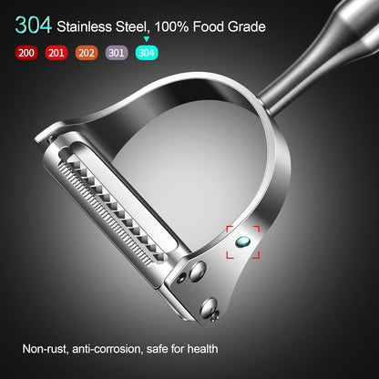 2 in1Julienne Vegetable Peeler,Stainless Steel Silver | Multi functional Peeler one-piece metal construction prevents the blades from wobbling or becoming loose after prolonged use