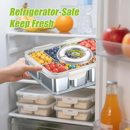 Snackle Box Container Stainless Steel - Reusable 8 Compartment Divided Serving Tray with Lid and Handle, Clear Portable Snack Containers Platters Storage Organizer for Snacks Fruit Candy Veggie Nuts