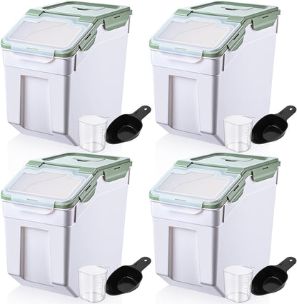Sunnyray 4 Pcs 55 lbs Grain Rice Storage Container Flour Bin with Wheels Cup Leak Proof Pet Food Storage Boxes Seal Locking Lid Plastic Rice Containers Set for Cereal Flour Cat Dog Food (Green)