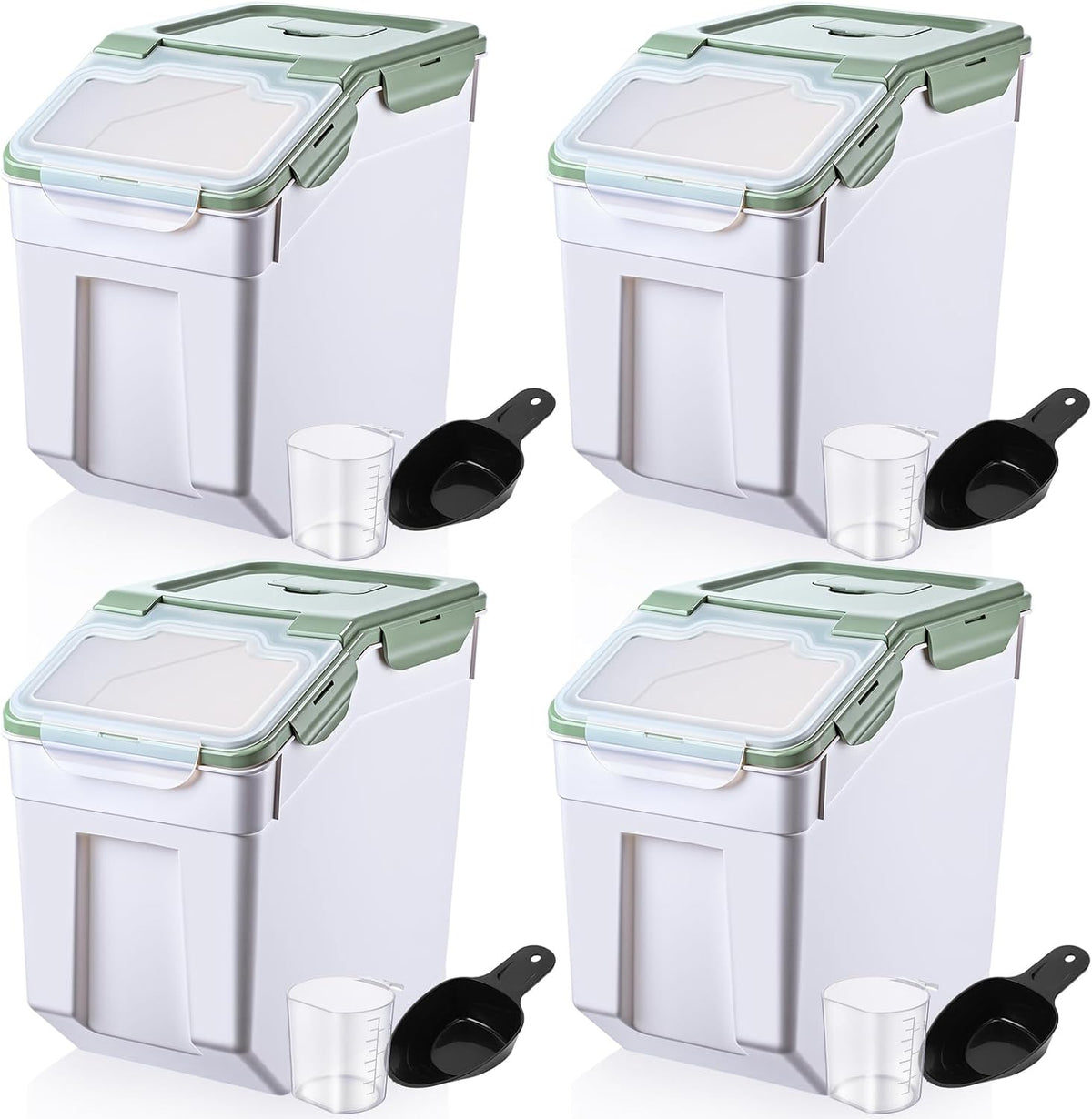 Sunnyray 4 Pcs 55 lbs Grain Rice Storage Container Flour Bin with Wheels Cup Leak Proof Pet Food Storage Boxes Seal Locking Lid Plastic Rice Containers Set for Cereal Flour Cat Dog Food (Green)