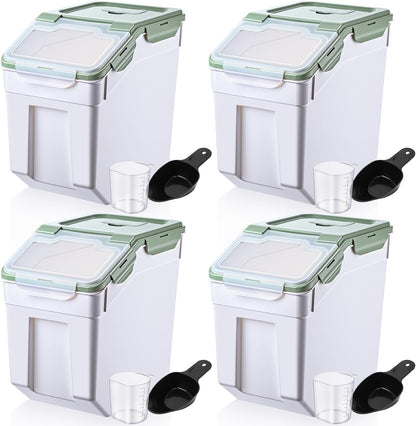 Sunnyray 4 Pcs 55 lbs Grain Rice Storage Container Flour Bin with Wheels Cup Leak Proof Pet Food Storage Boxes Seal Locking Lid Plastic Rice Containers Set for Cereal Flour Cat Dog Food (Green)