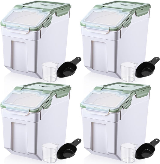 Sunnyray 4 Pcs 55 lbs Grain Rice Storage Container Flour Bin with Wheels Cup Leak Proof Pet Food Storage Boxes Seal Locking Lid Plastic Rice Containers Set for Cereal Flour Cat Dog Food (Green)