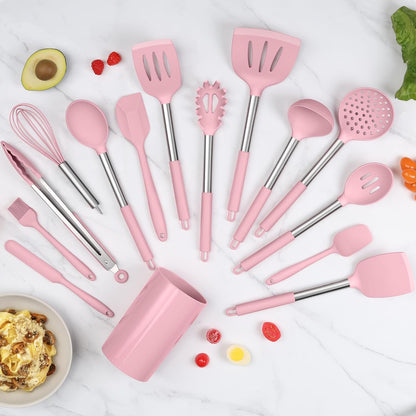 LIANYU 15 Pcs Kitchen Cooking Utensils Set with Holder, Silicone Kitchen Tools with Stainless Steel Handle, Heat Resistant Gadgets, Brush Spatula Spoon Whisk for Cookware, Dishwasher Safe, Khaki