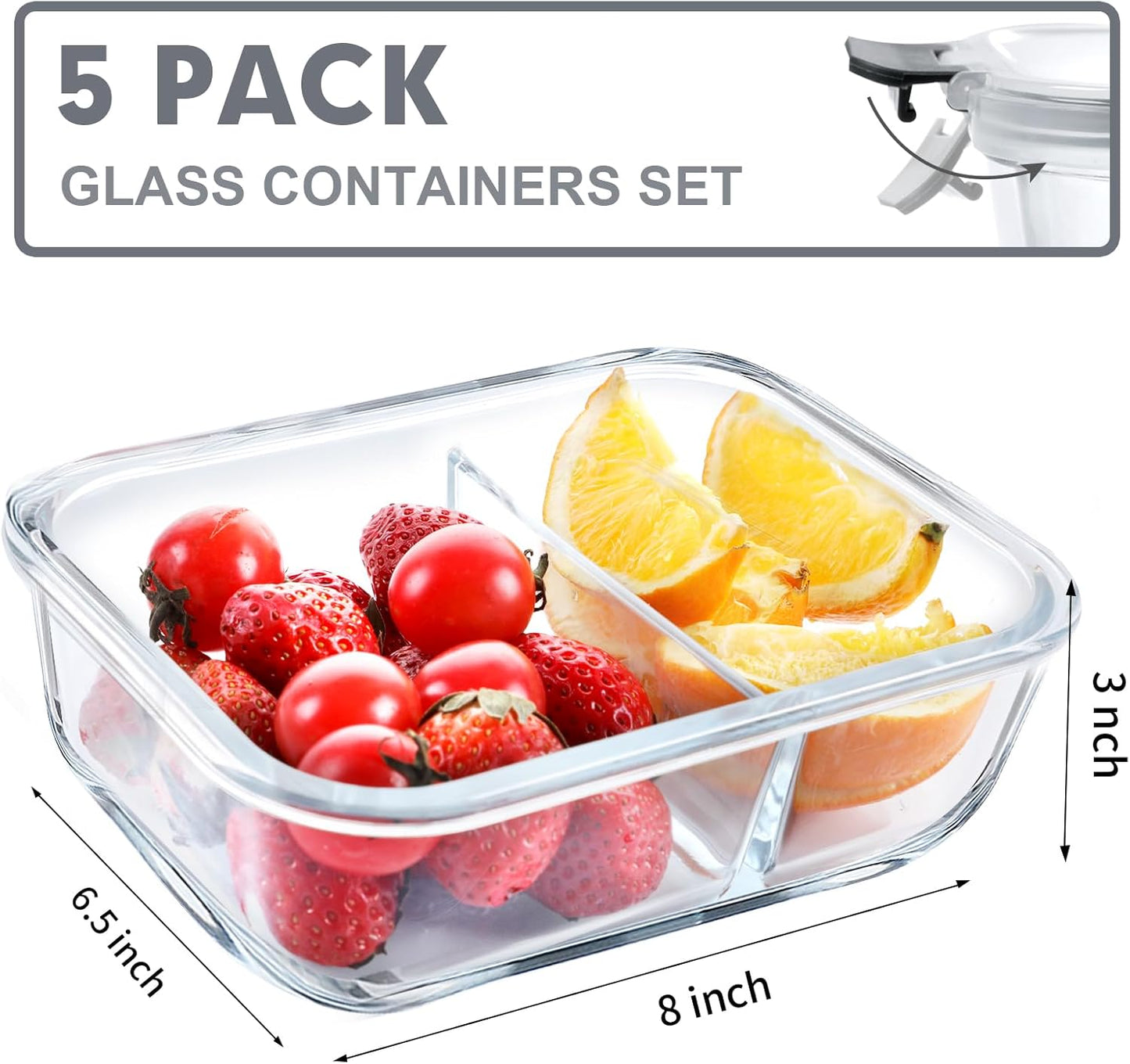 VERONES 5 Pack Glass Meal Prep Containers 2 Compartment Set, 36OZ Airtight Lunch Containers, Glass Food Storage Containers with Lids, for Microwave, Oven, Freezer & Dishwasher Friendly,White