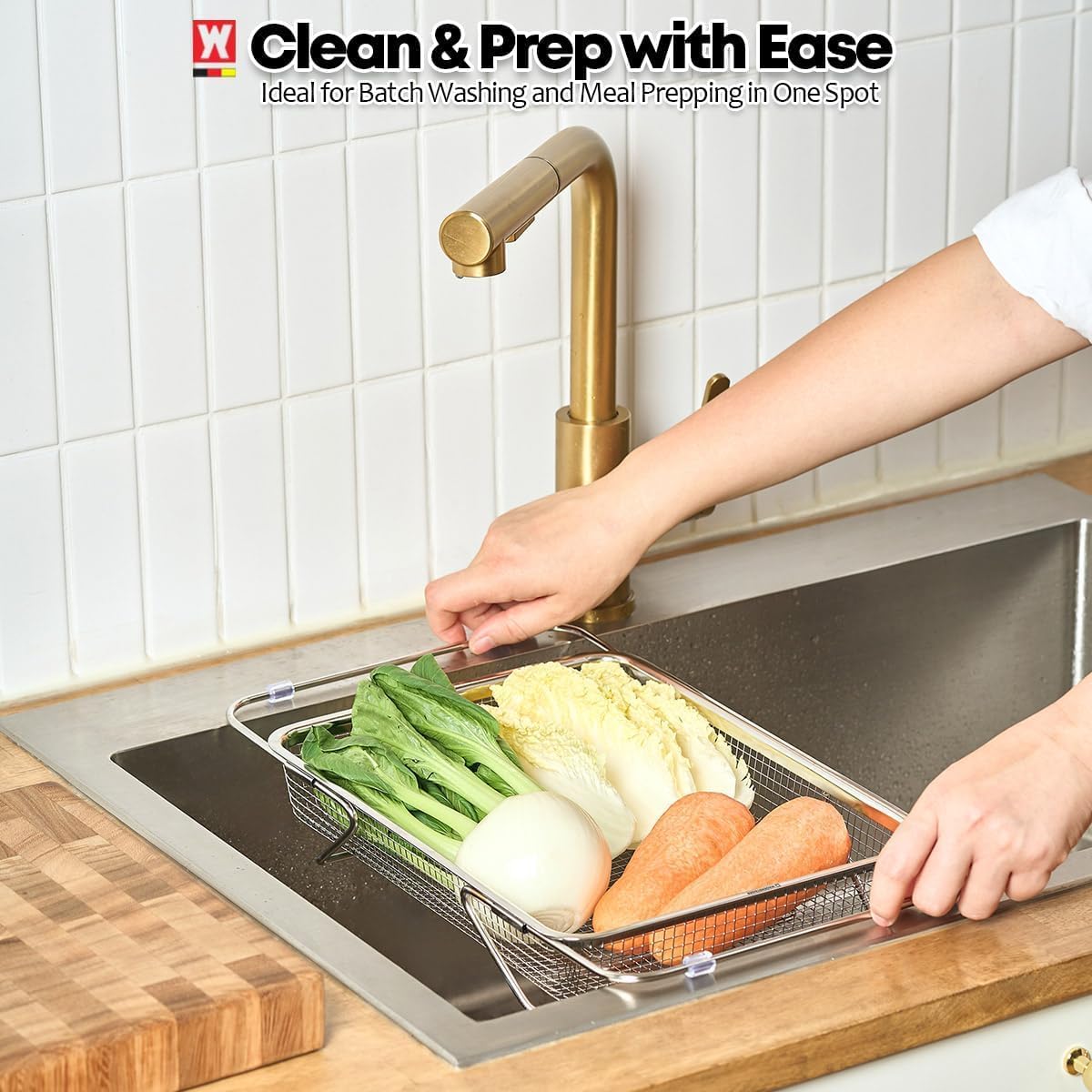 WAGENSTEIGER Extendable Dish Rack with Feet, Vegetable Colander Basket, Stainless Steel Dish or Silverware Drying Rack, Ultimate Kitchen Organizer Over the Sink (11.81 x 8.27 x 2.76 Inches)