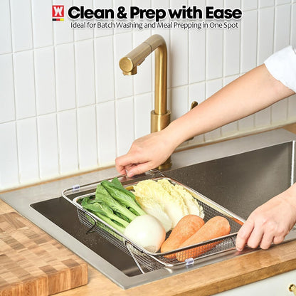 WAGENSTEIGER Extendable Dish Rack with Feet, Vegetable Colander Basket, Stainless Steel Dish or Silverware Drying Rack, Ultimate Kitchen Organizer Over the Sink (11.81 x 8.27 x 2.76 Inches)