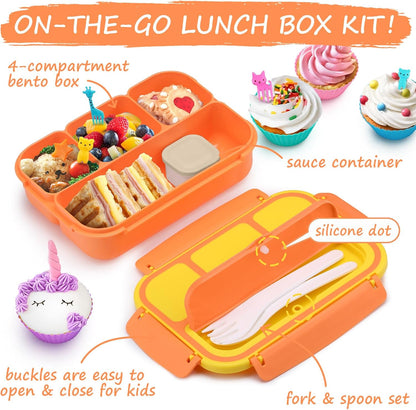 QQKO Bento Lunch Box for Kids Girls Boys, Toddler Kids Lunch Boxes for School, Lunch Containers for Adults with 4 Compartments, Sauce Container, Utensils, Food Picks and Muffin Cups, Purple