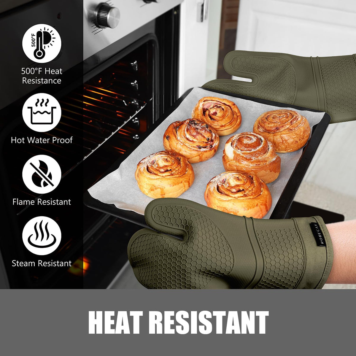 RORECAY Silicone Oven Mitts and Pot Holders Sets, Gloves for Kitchen, Beige