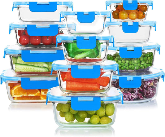 KOMUEE 24 Pieces Glass Food Storage Containers Set, Meal Prep Containers-Stackable Airtight Glass Storage Containers with lids,Freezer, Microwave, Oven Safe,Green