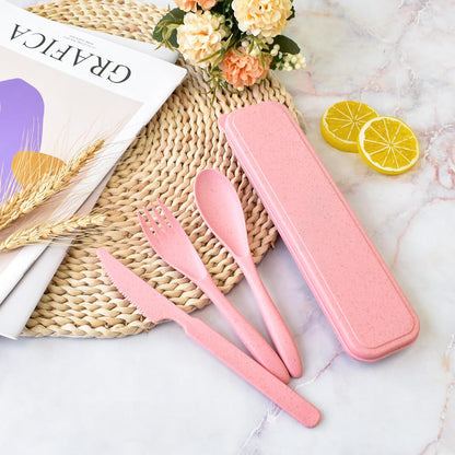 Lnrkai Travel Utensils Set with Case, 4 Sets Wheat Straw Reusable Spoon Knife Forks Tableware, Portable Cutlery Set for Lunch Box Accessories for Adults Travel Picnic Camping or Daily Use