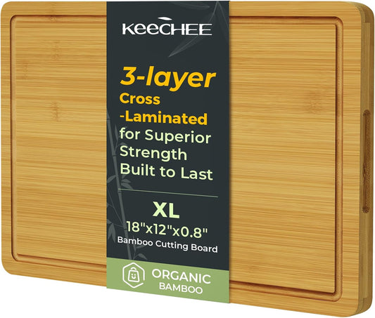 Keechee Wood Cutting Board for Kitchen - Reversible Bamboo Cutting Boards Gift Set of 3 with Juice Groove, Wooden Chopping Board for Meat, Fruit, Vegetables & Cheese (Pre Oiled, Natural)