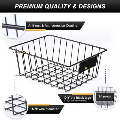8 Set, Extra Large Wire Baskets for Organizing with Lables, Cabinet Pantry Organization and Storage Bins - Metal Basket for Kitchen, Laundry, Garage, Fridge, Bathroom Countertop Organizer, Black