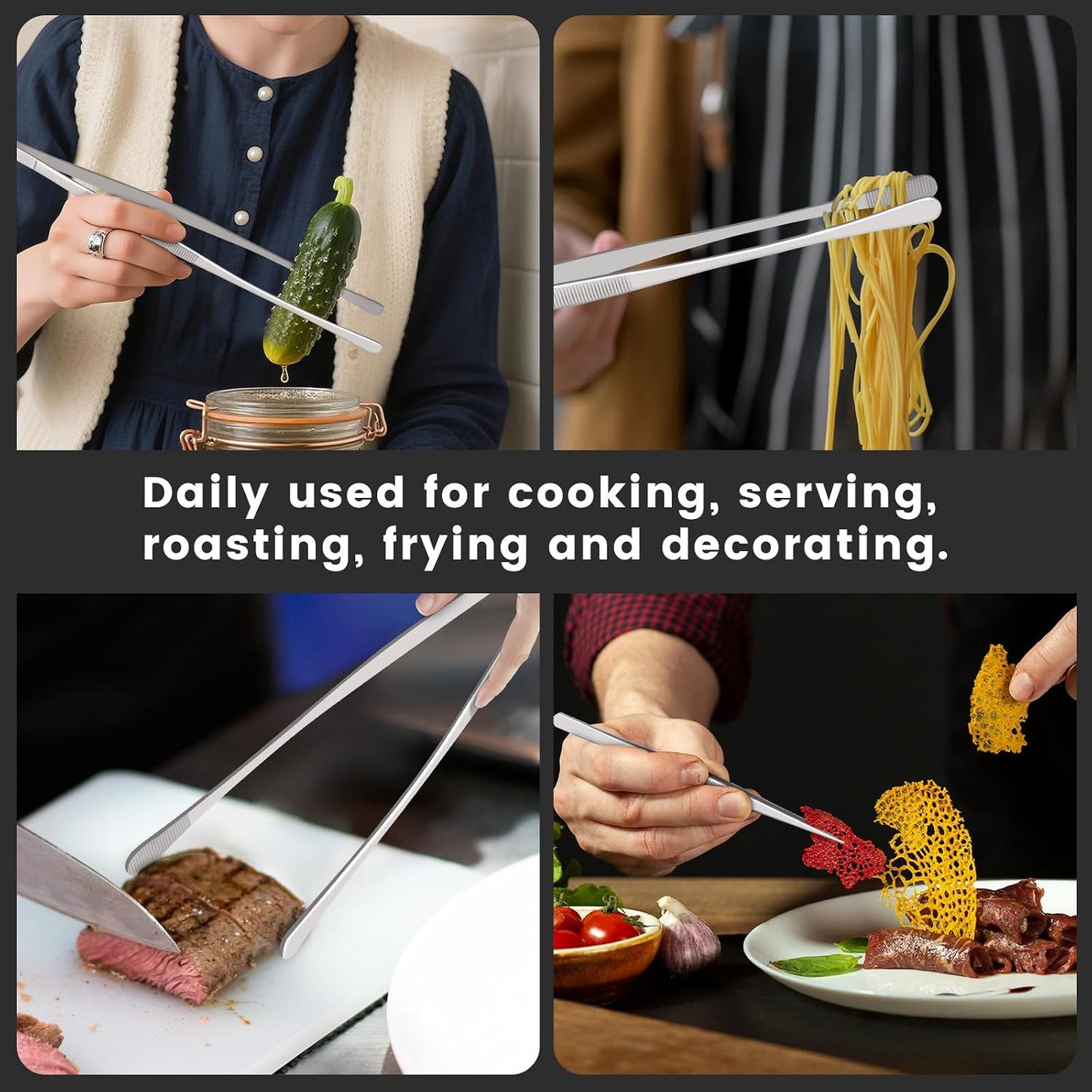 HOTEC Kitchen Tweezers Tongs Stainless Steel Professional Chef Tweezers, Set of 3-6.3", 10" and 12inch Food Tongs for Cooking, Repairing, Dessert, BBQ, Meat, Pasta