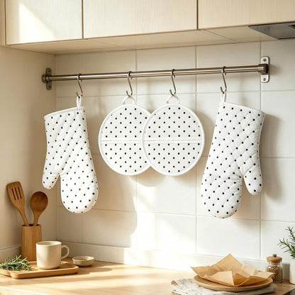 AnyDesign 4Pcs White Black Polka Dot Oven Mitts and Pot Holders Set