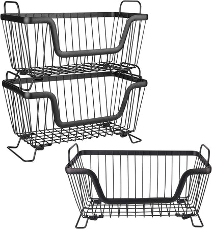 LOTTS Stackable wire basket for pantry, Metal Pantry basket, Storage Organizer Bin with Handles, Fruit basket for Kitchen Cabinets, Pantry, Closets, Bedrooms, Bathrooms (12.6×6.5×7.6")- 2 Pack