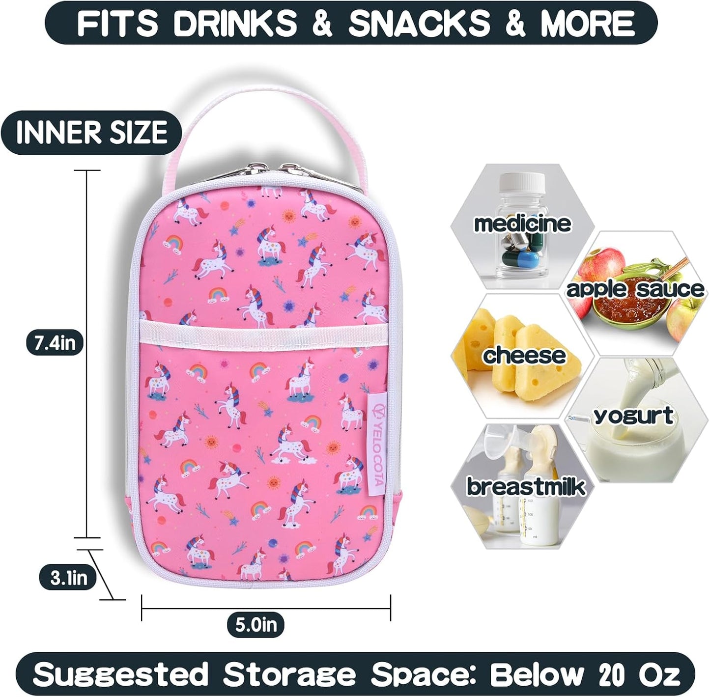 Yelocota Small Insulated Lunch Bag- Snack Bag- Mini Cooler Bag with Handle for Travel,Work,School(Storage Space below 20oz)- Also Suitable for Pairing with Food Jar