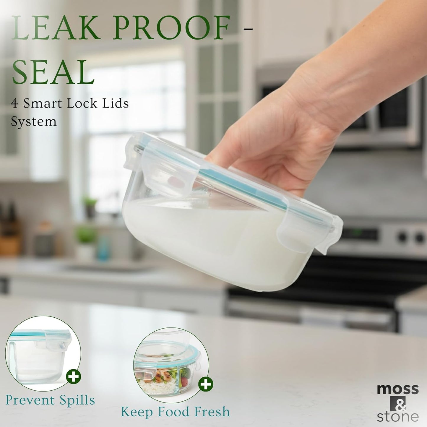 Moss and Stone Rectangular Borosilicate Glass Meal Food Containers - Prep Food Storage Containers Airtight - Snap Locking Lids – Microwave, Oven, Freezer, Dishwasher Safe – with 2 Compartment 2 Pack