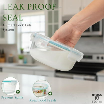 Moss and Stone Rectangular Borosilicate Glass Meal Food Containers - Prep Food Storage Containers Airtight - Snap Locking Lids – Microwave, Oven, Freezer, Dishwasher Safe – with 2 Compartment 2 Pack
