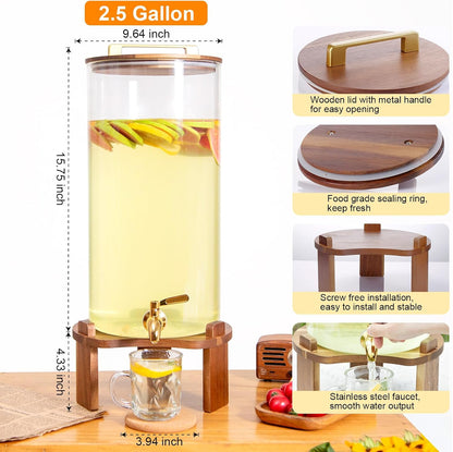 2.5 Gallon Drink Dispenser with Wood Lid & Stand, Large Glass Beverage Dispenser with Stainless Steel Spigot, Lemonade Pitcher for Parties, Weddings, Iced Tea, Water