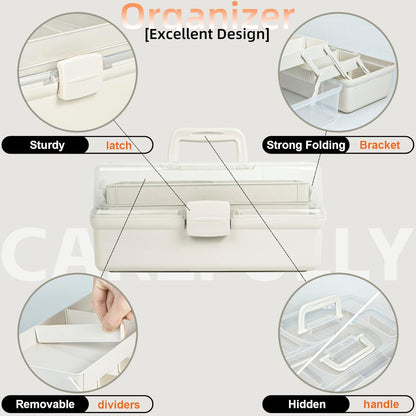 TERGOO 12.5in 3-Layer Multipurpose Craft Organizers and Storage with Adjustable Dividers, Portable Tackle Box, Folding Art & Craft Case for Medicine, Tool, Sewing Organizer (White)