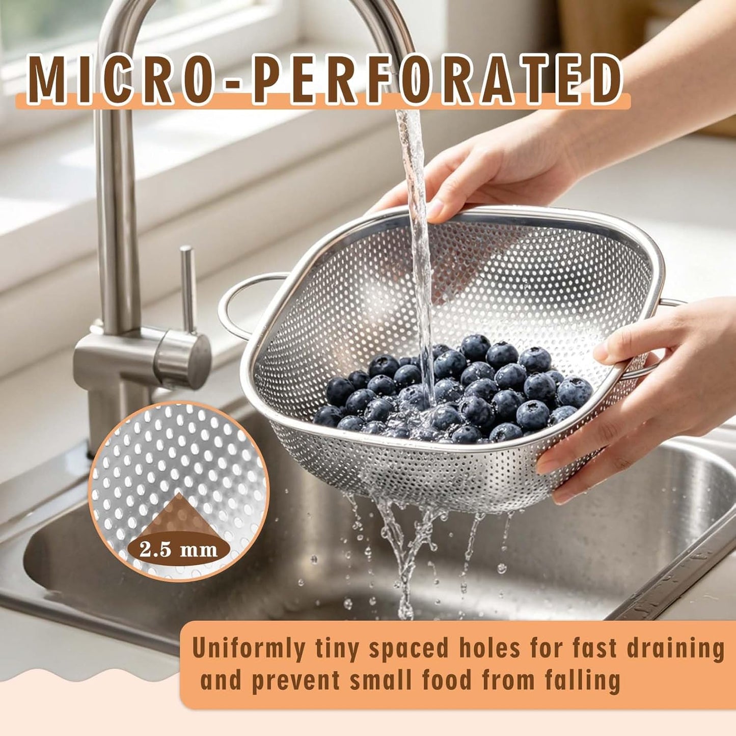 P&P CHEF Stainless Steel Colander Set of 3-2.4/4 / 6 Qt, Square Colanders for Kitchen, Pasta Strainer for Washing Draining Rinsing Spaghetti Fruit Food, Dishwasher Safe & Healthy