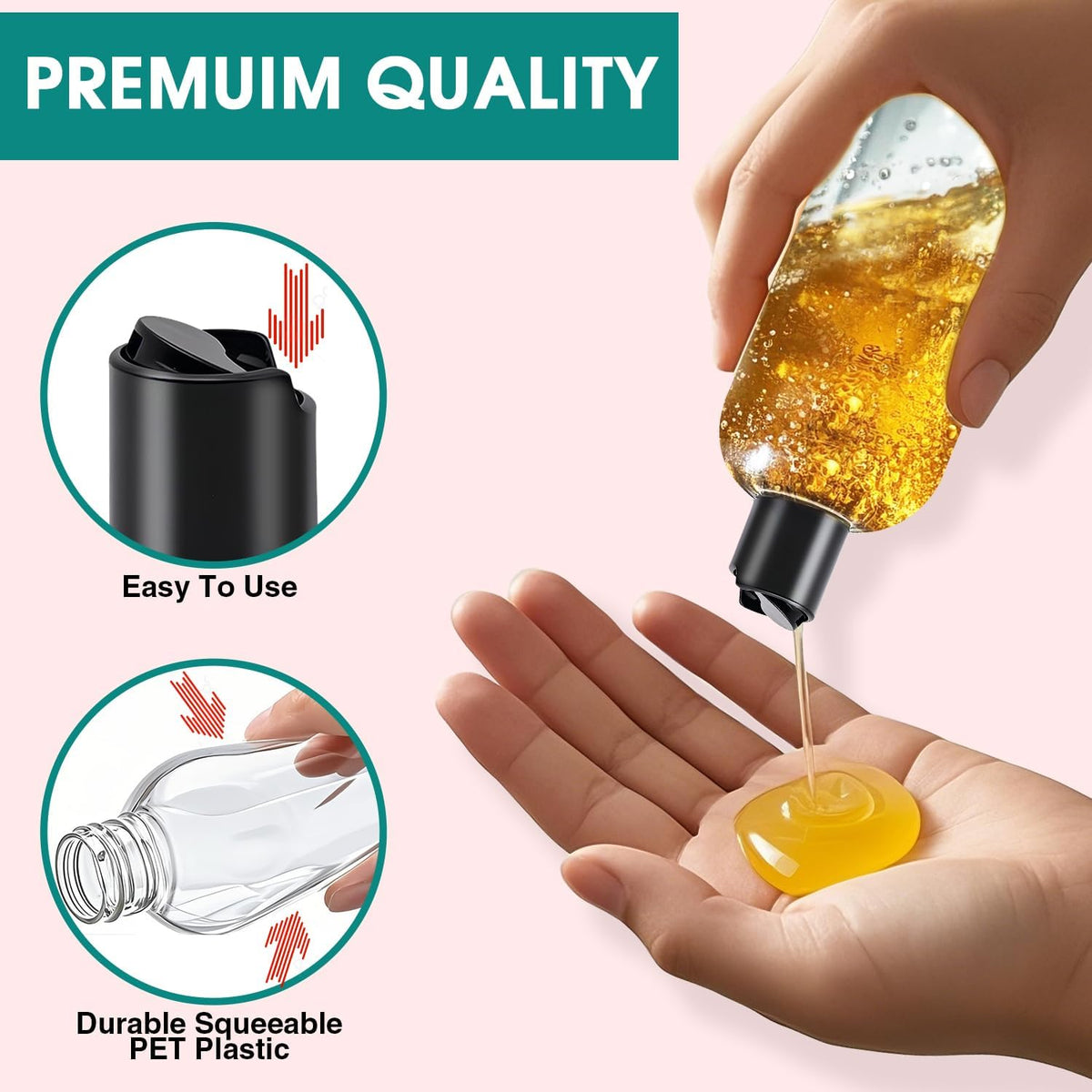 3Pcs 16 oz Clear Plastic Refillable Travel Bottles with Black Disc Top Caps