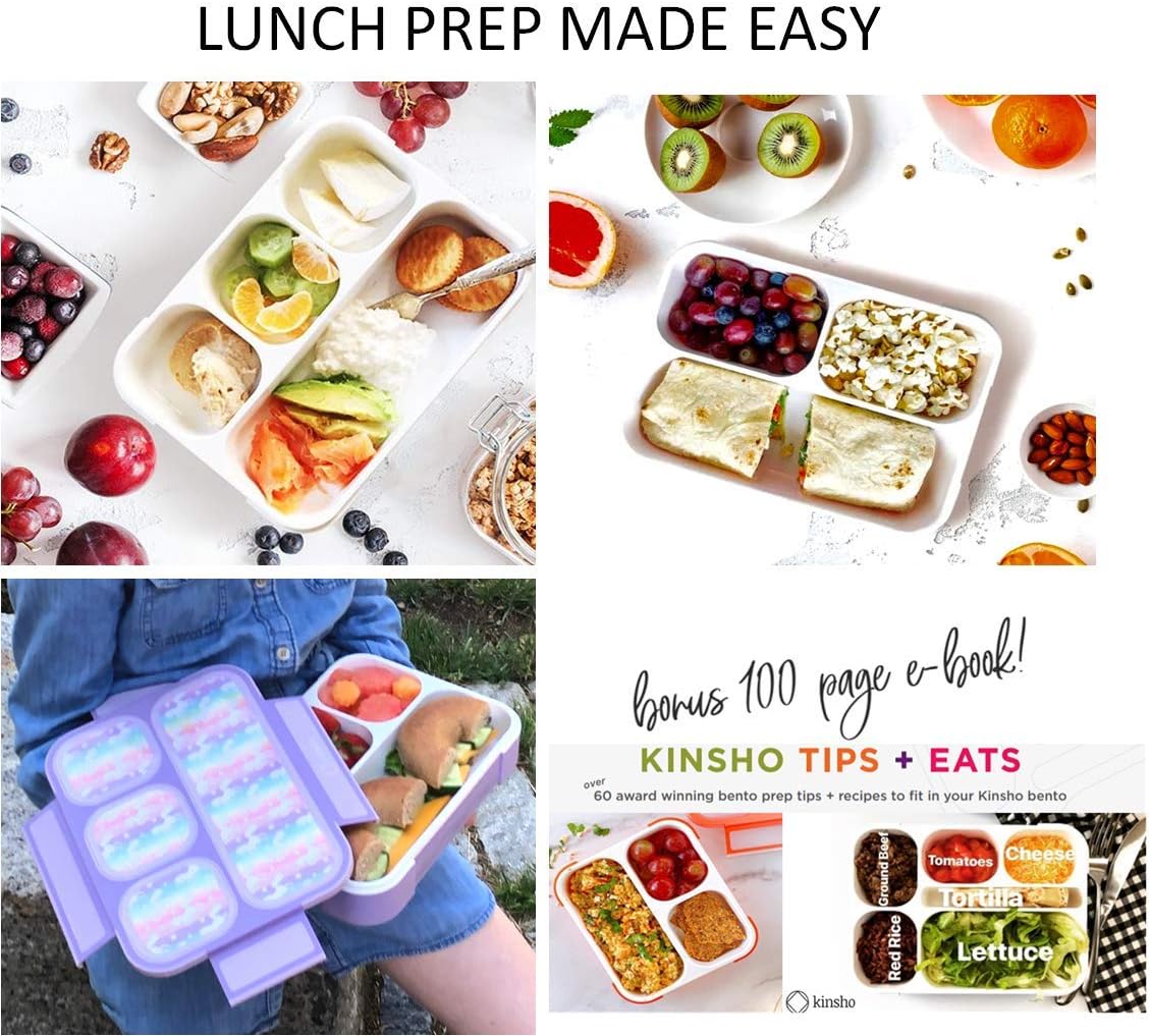 Bento Lunch Box for Kids or Adults, Snack Containers for Boys, Girls, School Daycare Work, 3 Divided Compartments Meal Planning Portion Control, BPA-Free Boxes, Utensils | Blue Purple 2 pack