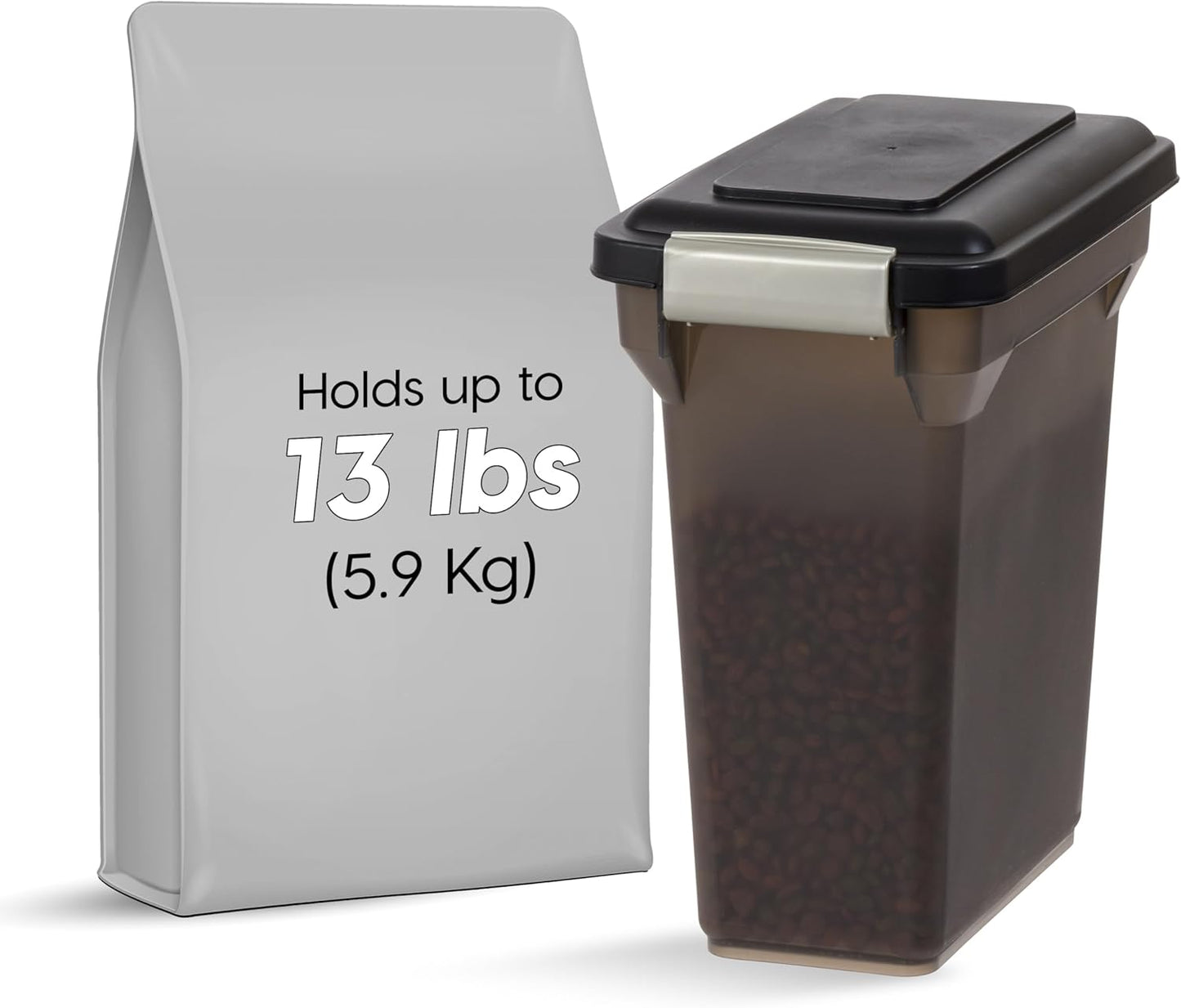 IRIS USA Dog Food Storage Container, Airtight Lid, 2-Cup Scoop, Up to 13 Pounds Pet Food Storage, Versatile Pet Food Bin, Treats, BPA Free, Dark Gray