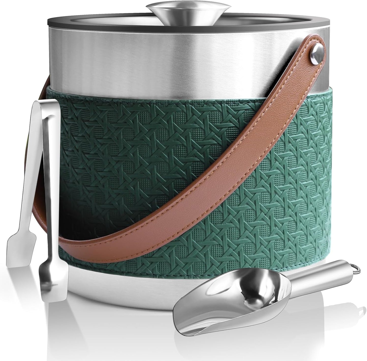 Bakpoco Double-Wall Vacuum Insulated Ice Bucket with Lid, Scoop, Ice Tong, Strainer & Leather Handle Keep Ice Frozen Longer Large Wine Ice Buckets for Cocktail Bar,Parties Chilling Beer Champagne 3L