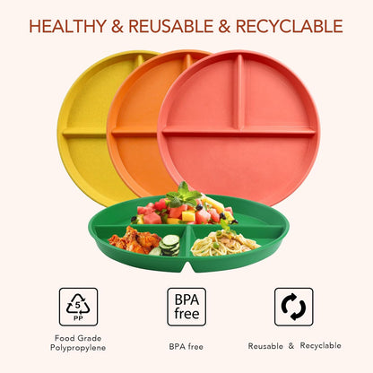 greenandlife 9 Inch 4PCS Portion Control Plates with Lids, Divided Plates for Kids Adults, Dishwasher Microwave Safe Compartment Plate, Unbreakable Lightweight Reusable Wheat Straw Plate, Earth Tone