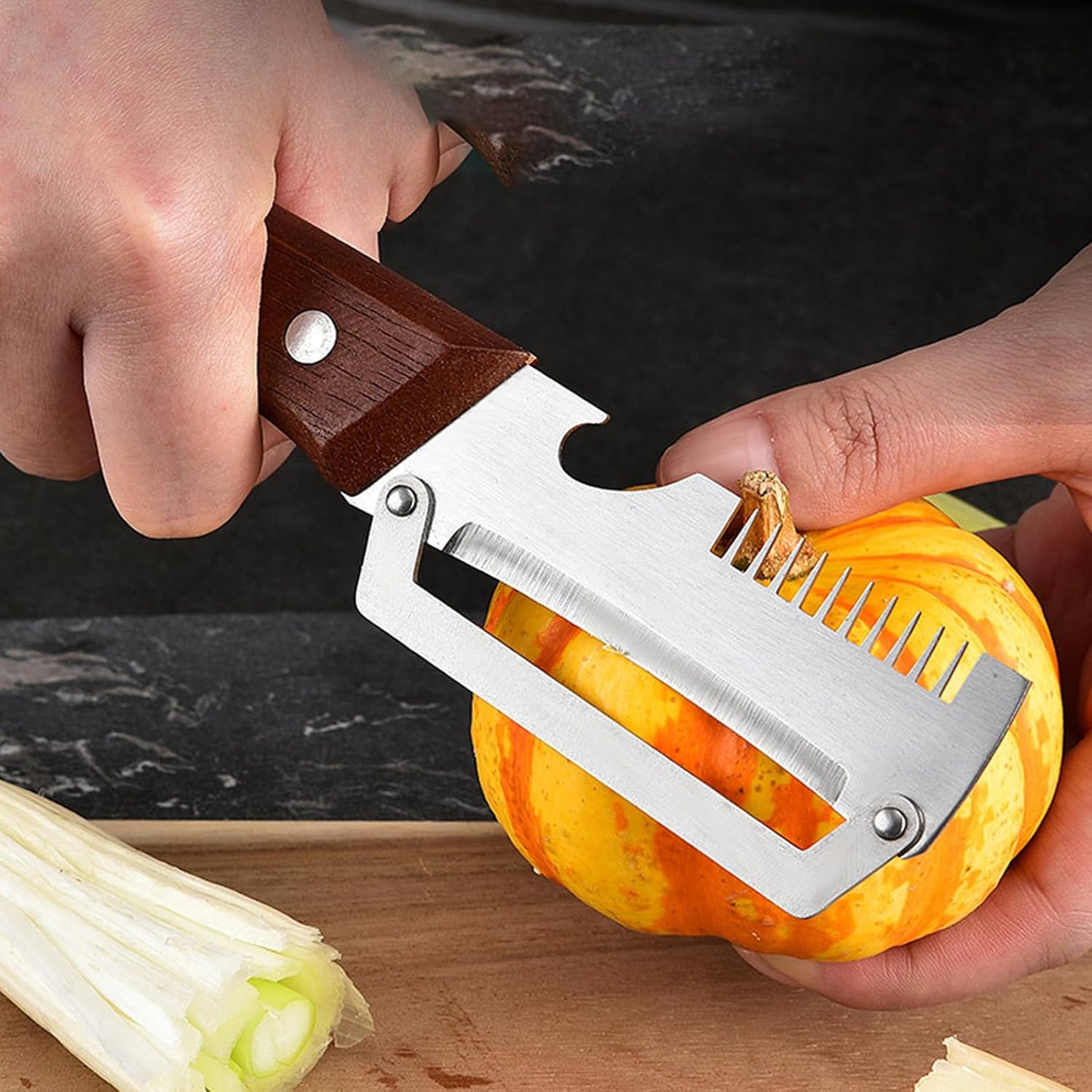 Multifunctional Vegetable Peeler, 2PCS Premium Vegetable Peeler with Wooden Handle and Bottle Opener, 3-In-1 Stainless Steel Kitchen Tool, for Fruit Veggie Peeling and Shredding Scallions (0A)