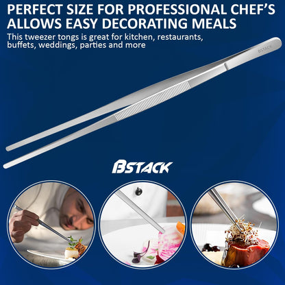 Brand Stack Kitchen Tweezers 12” Japanese Stainless-Steel Cooking Tong Tweezers Set of 2 with Precision Serrated Tip Premium Long Tweezers for Kitchen Serving Food Chef & Pasta Cooking tweezers.