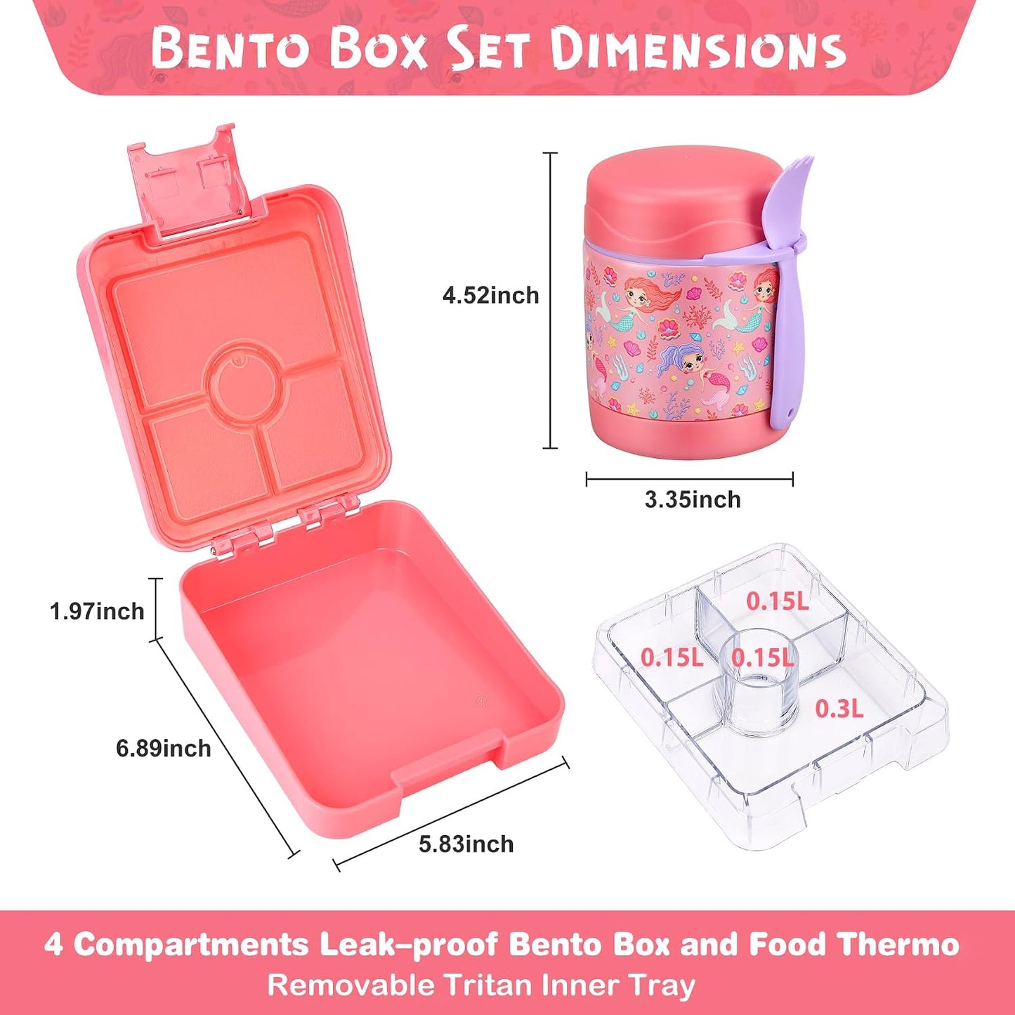 Pawtong Bento Lunch Box Set With 10oz Soup Thermo, Leak-proof Lunch Containers with 4 Compartment, Kids Hot Thermo Food Jar/Insulation Lunch Bag, Food Containers for School（Dinosaur）