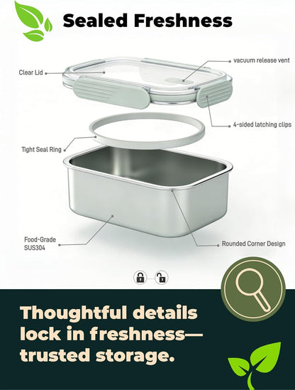 Stainless Steel Food Storage Containers Set, Airtight with Vacuum Seal, Set of 3 (22/44/82 oz), Stackable, Dishwasher & Freezer Safe for Meal Prep and Leftovers Storage