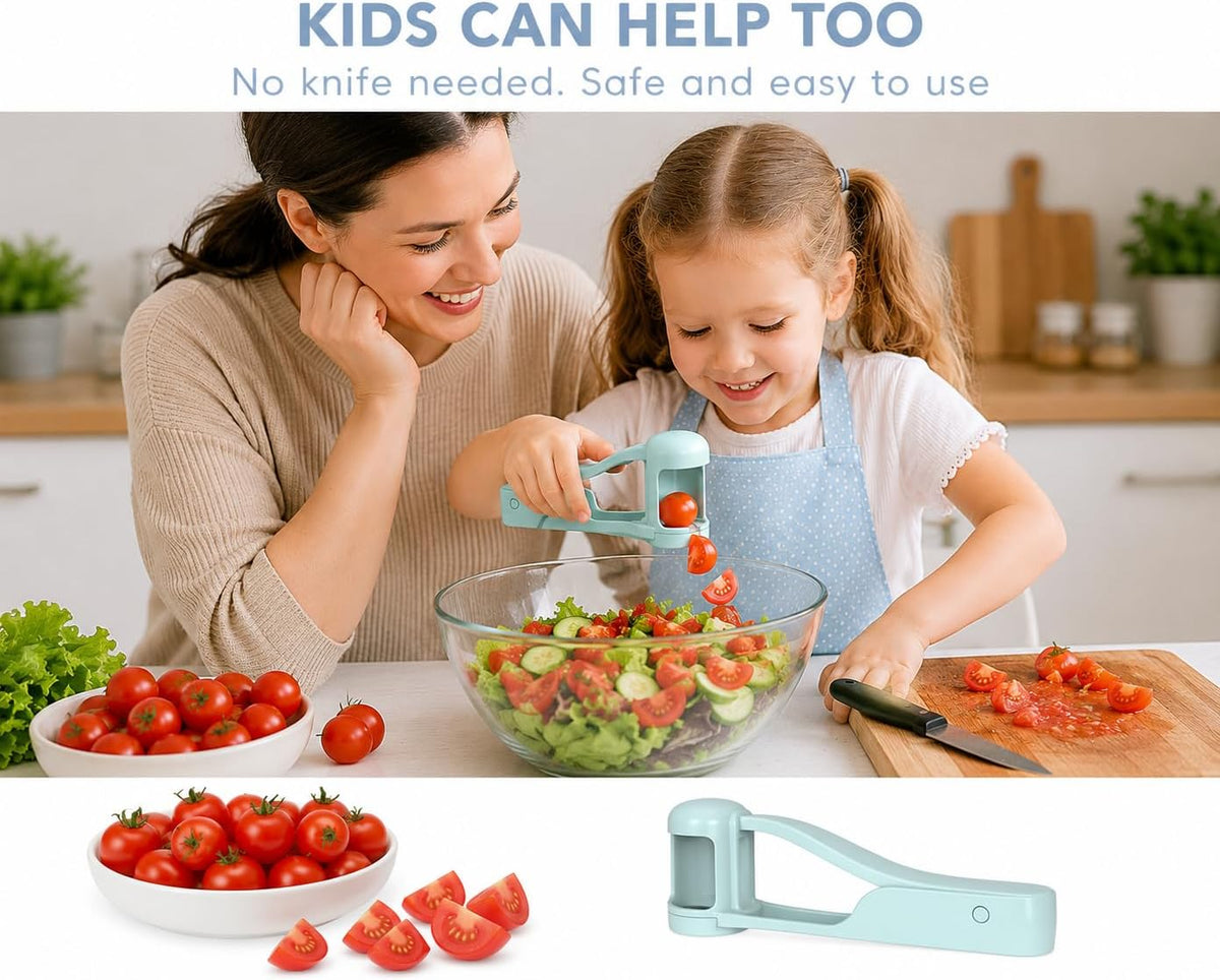 Grape Cutter Tool, Cherry Tomato Slicer & Small Fruit Quartering Tool, Stainless Steel Serrated Blades, One-Hand Kitchen Prep Gadget for Grapes, Olives, Salads & Snacks, Sky Blue