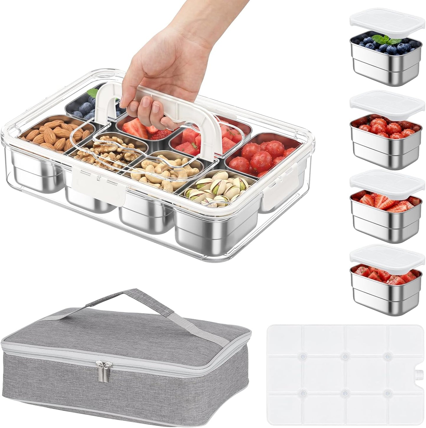 Stainless Steel Snackle Box Container, Divided Serving Tray | 8-Compartment with Lid and Handle, Large Snack Tray for Fruit Veggie Candy