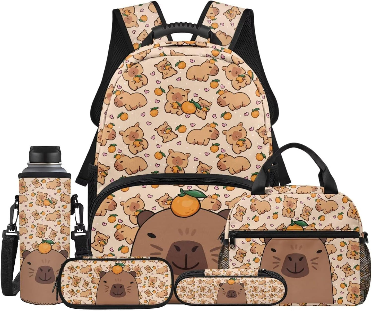 Cute Capybara Pizza Backpack for Girls, 5 Pcs Boys School Bag Set for Kids, 17 Inch Backpacks Lunch Pencil Box Reusable Utensils Case Set for Middle Elementary School, 3rd Grade Backpack