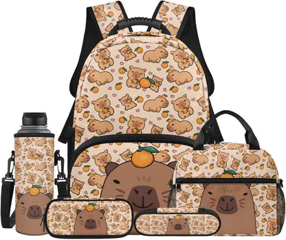 Cute Capybara Pizza Backpack for Girls, 5 Pcs Boys School Bag Set for Kids, 17 Inch Backpacks Lunch Pencil Box Reusable Utensils Case Set for Middle Elementary School, 3rd Grade Backpack