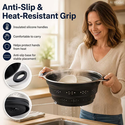 Mejoncb Collapsible Colander – Platinum Silicone Strainer with Stainless Steel Base, BPA-Free & Heat Resistant Kitchen Drain Basket (Gery)