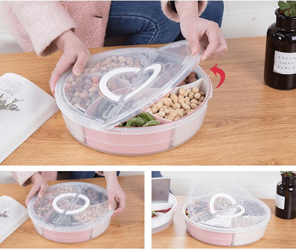 Snack Box with Lid and Handle, Divided Tray Large Round Plastic, Colorful Compartments Serving Box for Biscuit,Candy,Nut,Picnic,Party Food Container, Easy Distinguish Sealed Fruit Organizer Platter
