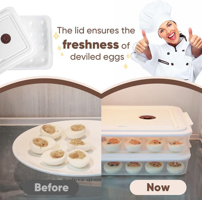 77L Deviled Egg Containers with Lid, (Set of 2), Plastic Deviled Egg Carrier with Handle for 48 Eggs, Clear Storage Devil Egg Platter, Fridge Portable Egg Tray (White)