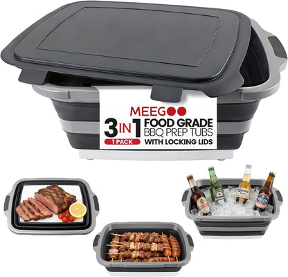 BBQ Prep Tub 3-IN-1 Large 16L Collapsible Cutting Board with Locking Lid for Meal Prep Marinating Food, Camping Sink with Colander, Dish Basin, Storage Blanket for Camping Picnic BBQ, Black